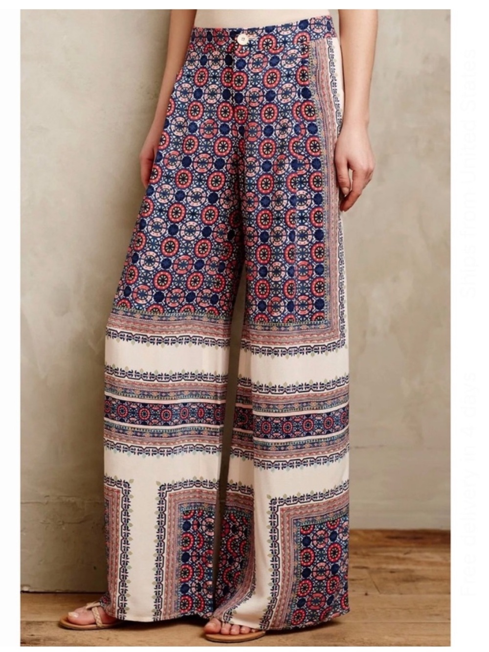 Vintage Anthropologie ELEVENSES Boho Wide Leg Printed Pants Size 4